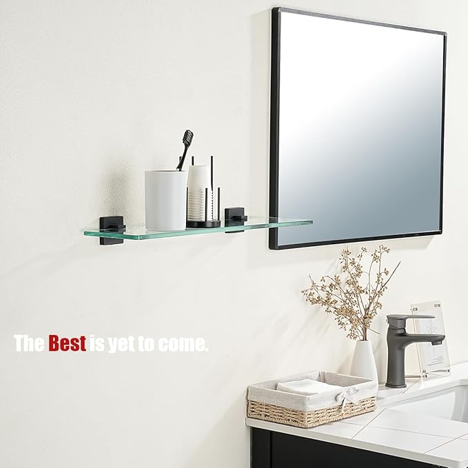 JQK Bathroom Glass Shelf Black, Tempered Glass Shower Storage 24 by 5 inches, 304 Stainless Steel Matte Black Wall Mount, TGS201L24-PB