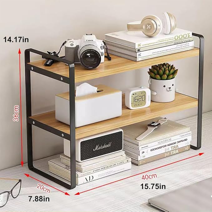 Hbluefat Desktop Organizer Shelf, 2-Tier Multipurpose Tabletop Storage Bookshelf, Small Wooden Countertop Storage Rack for Home Office Kitchen (Wood+Black)