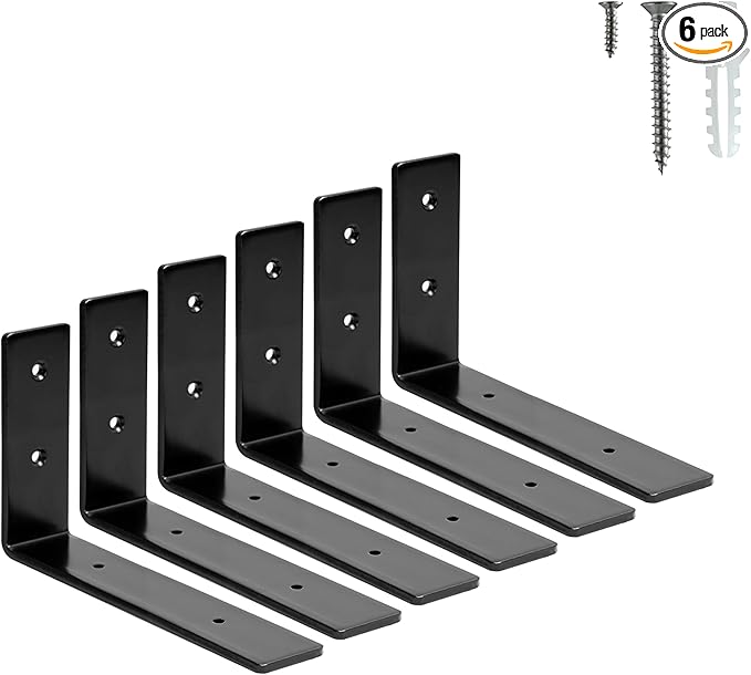 HEART ART 6 Pack Shelf Brackets 6 inch,L Brackets for Shelves,Black Heavy Duty Metal Shelf Brackets,6”x4”x1.4”