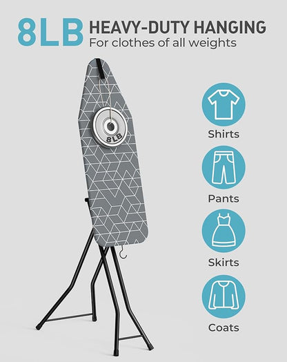 LyriFine Ironing Board, 2-in-1 Flat and Hanging Board, Sturdy Steel Frame Iron Board with Non-Slip Feet, Heat Resistant Cover Iron Board, Foldable Ironing Board Full Size with Hook, 14″ x 43″ Gray