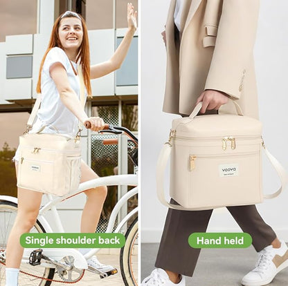 Voova Stackable Stainless Steel Thermal Lunch Box with Lunch Bag for Women Men Adult, 2 Tier Leakproof & Microwave Safe Insulated Bento Boxes Food Container for Work, Beige