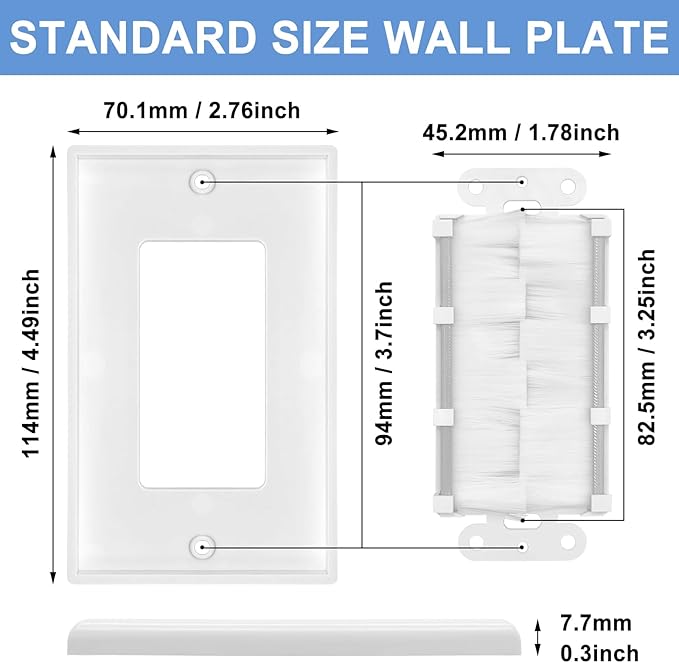 Brush Wall Plate with Low Voltage Mounting Bracket - Cable Pass Through Wall Plates for Home Theater, and TV Wall Outlets, Single Gang Cable Access Strap, Durable Wire Hider Wall Socket