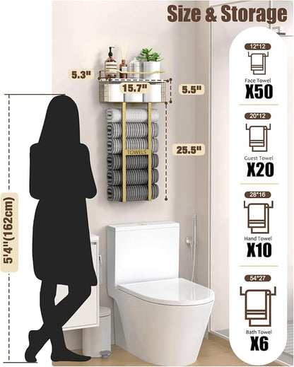 Towel Racks for Bathroom - Wall Mounted Metal Rack with Wood Plank, Bathroom Storage Organizer, Towel Holder Stores 6 Large Rolled Towels Easily, Gold and Size XL 31"