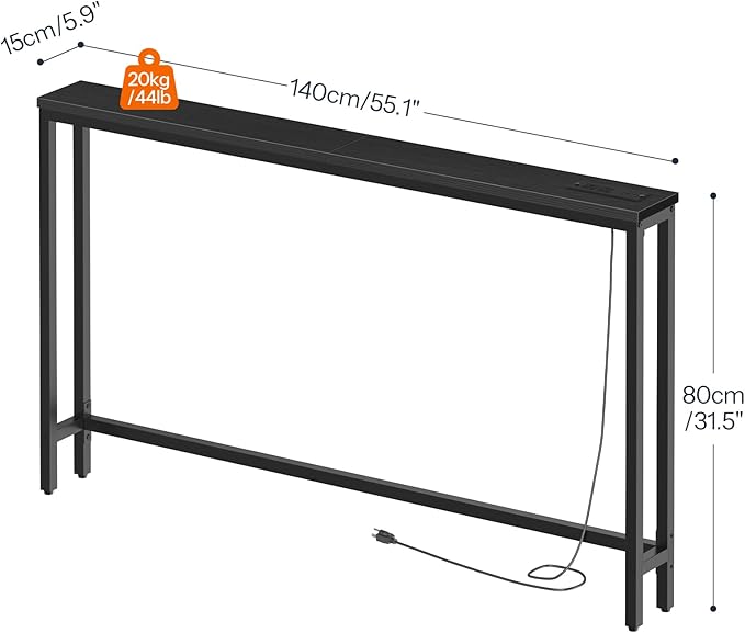 HOOBRO 55.1" Narrow Console Table with Power Outlets, 5.9" Behind Couch Table with Charging Station, Long Sofa Table, Skinny Entryway Table for Living Room, Hallway, Foyer, Black BB145UXG01