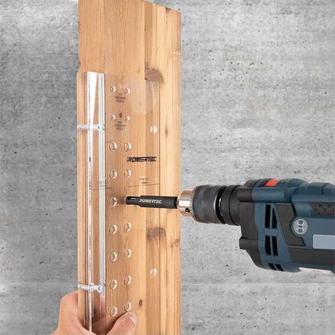 POWERTEC Shelf Pin Jig / 5mm Self Centering Drill Bit & 50pcs Shelf Pegs, 3/8" Holes Shelf Pin Drilling Jig and 5mm L-Shaped Bracket with Hole Shelf Pins Support Pegs for Shelves (72238)