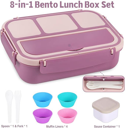 Bento Box Adult Lunch Box, Lunch Containers for Kids Girls Boys with 4 Compartments, Lunchable Food Container with Utensils, Sauce Jar, Muffin Liners, 40 Oz/5 Cup, Dark Purple