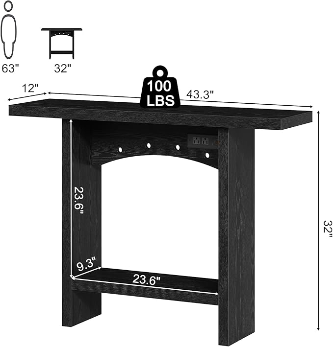 43" Console Table with Charging Station, Farmhouse Entryway Table, Entryway Table with Storage for Living Room or Foyer, Sofa Table for Hallway with Anti-Tip, Easy Assembly, Black
