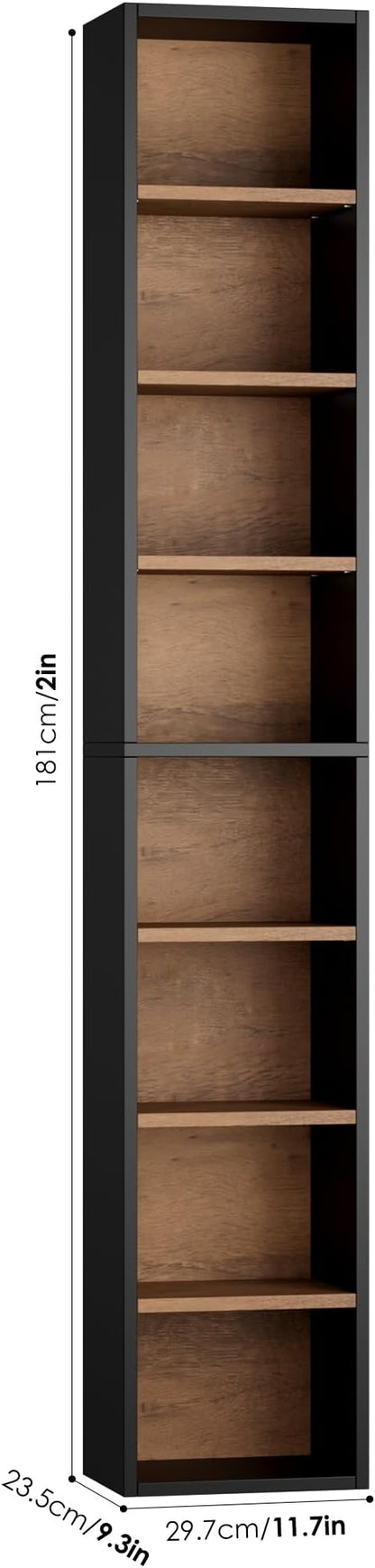 FOTOSOK 2 Pcs 71'' Tall Narrow Bookshelf, 8-Tier Media Tower Rack Set of 2, CD DVD Storage Cabinet with Adjustable Shelves, Tall Narrow Bookcase Skinny Display Bookshelf Slim Shelf, Black/Brown