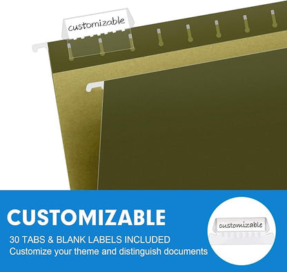 Hanging File Folders, RAZCC 30 Pack Letter Size Reinforced Hanging Folders with Heavy Duty 2 Inch Expansion for Bulky Files, Filing Cabinet, Adjustable Tabs, Green