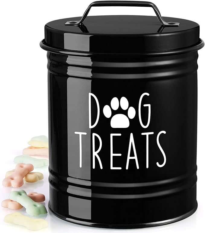 Small Dog Treat Container Airtight - 6" Tall X 4.9" Round Black Dog Treat Jar for Kitchen Counter - Rustic Treat Storage Canister for Dogs, Cats, Small Animals - Gifts for Pet Owners