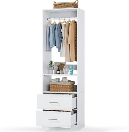11 Ft Expandable Closet System, 6.7 Ft High Wood Closet Organizer with 4 Drawers & 4 Hanging Rods, Modular Wardrobe Storage Rack with Adjustable Shelves for Walk-in Bedroom, White