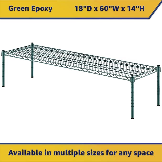 18" x 60" x 14" Green Epoxy Wire Storage Shelf, Dunnage Rack, Commercial 1 Tier Small Shelf