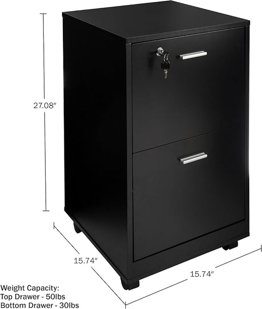 File Cabinet - 2-Drawer Cabinet with Lock and Deep Drawer Storage - Rolling Filing Cabinet for Under The Desk, Home, or Office by Lavish Home (Black)