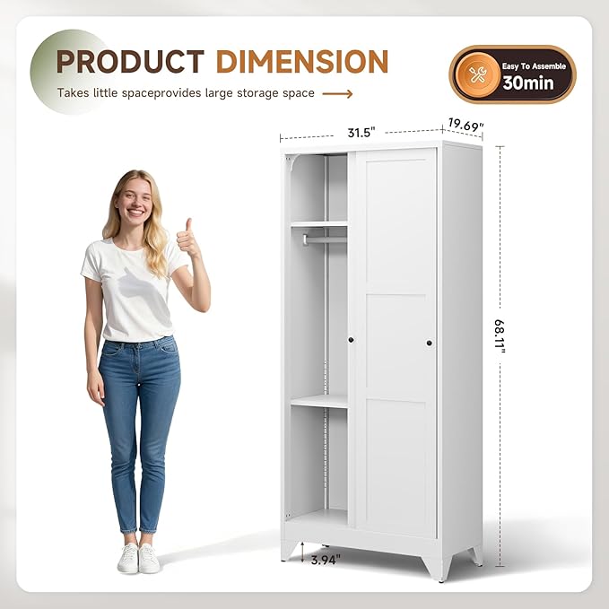 Letaya Metal Sliding Door Wardrobe Cabinets,68" Tall Armoire Wardrobe Closet with Sliding Doors and Shelves,Narrow Slim Coat Closet Cabinet with Hanging Rod,Space Saving for Home (White)