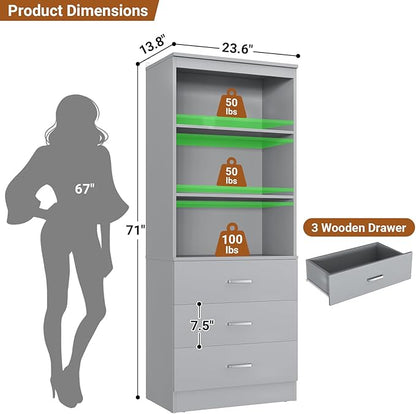 Aheaplus 23.6" Closet Drawers System, Wood Closet Organizer System with 3 Drawers, Modular Small Walk-in Closets Storage Unit, Grey (23.6" L x 13.8" W x 71" H)