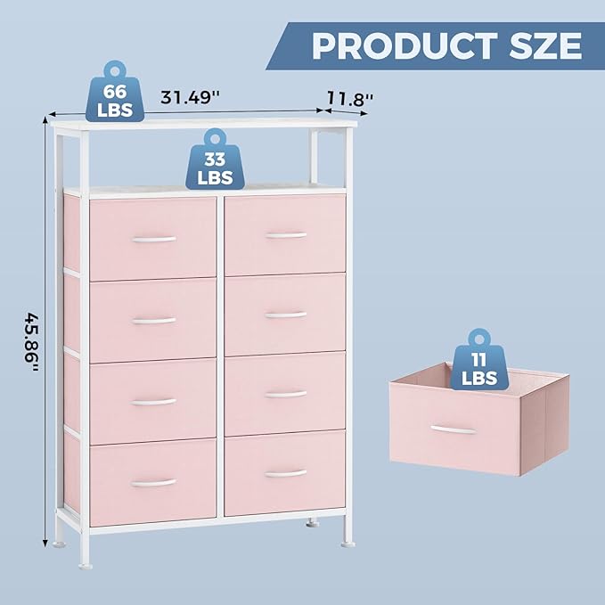 DUMOS TV Stands for Living Room with 8 Drawers, Tall 8-Drawer Chest of Drawers with Raised Shelf, Storage Tower with Fabric Bins for Organization, Hallway Storage, Pink