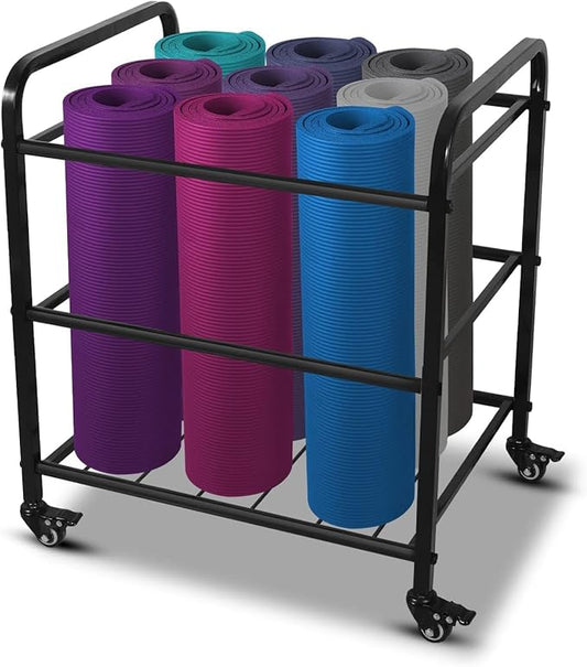 MM MELISEN Black Yoga Mat Storage Rack, Home Gym Studio Organizer Cart for Foam Roller, Yoga Strap and Resistance Bands, Movable Black Sports Equipment Storage Rack with Wheels