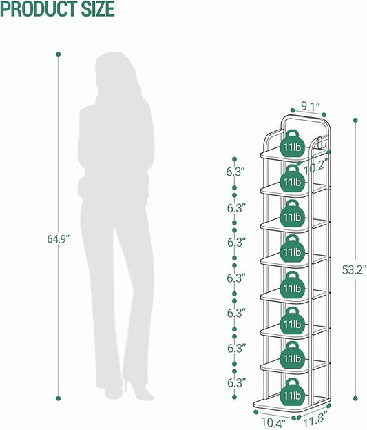8 Tiers Vertical Shoe Rack, Narrow Shoe Tower, Tall Shoes Shelf with 2 Hooks, Adjustable Shelves, Corner Shoes Shelves for Small Spaces, Entryway, Living Room, White Gold SR04313A