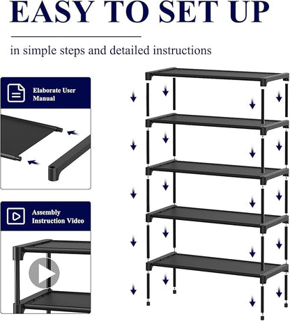 Kitsure Shoe Rack - Non-Woven Shoe Rack Shelf, Shoe Organizer for Closet, Entryway, Garage & Corridor, Stackable Shoe Shelves, 27.5" Wide - 5 Tier, Black