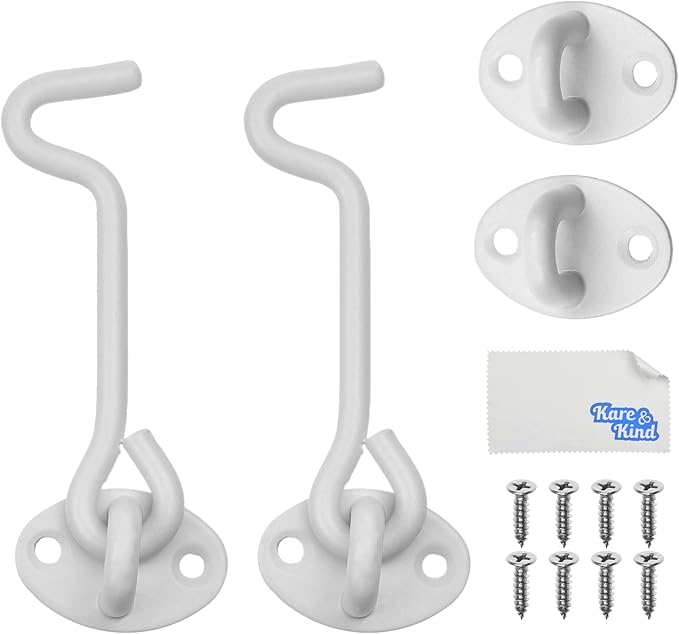 Kare & Kind Hook and Eye Latch (4-inch) - with Mounting Screws - Heavy Duty Locks for Door, Gates, Barns, Bathrooms, Cabins (2-White)