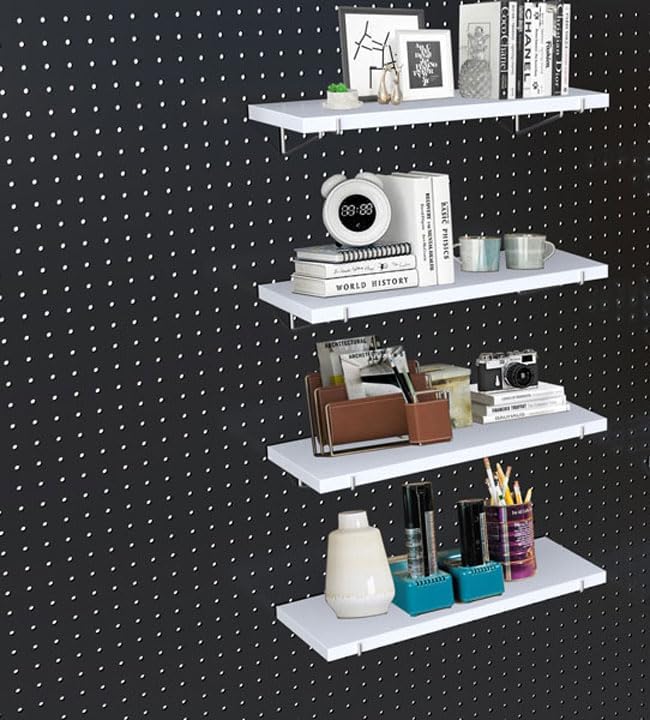 KINOMI Heavy Duty Pegboard Shelves, Value Set of 8 Pack Pegboard Shelf Brackets Hooks and 4 Pack Peg Board Shelves for Garage, Home, Garden, Tool Shed (White)