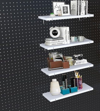 KINOMI Heavy Duty Pegboard Shelves, Value Set of 8 Pack Pegboard Shelf Brackets Hooks and 4 Pack Peg Board Shelves for Garage, Home, Garden, Tool Shed (White)
