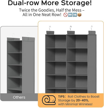 Space-Saving Hanging Closet Storage Organizer – Dual-Row Foldable Shelves with 3 Hooks, 6-Tier Wardrobe Organizer for Dorm, Bedroom, Closet (Grey)