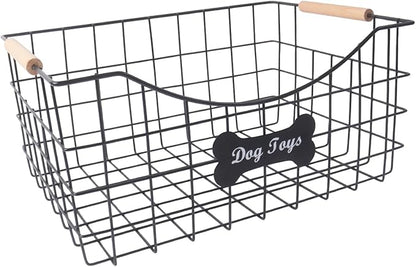 Metal Dog Toy Basket,Indestructible Dog Toy Bin with Wooden Handle,Sturdy Pet Storage Organizer,Ideal for Dog Leash,Blanket,Snacks-15.1 (L) x 10.7 (W) x 7 (H) inches