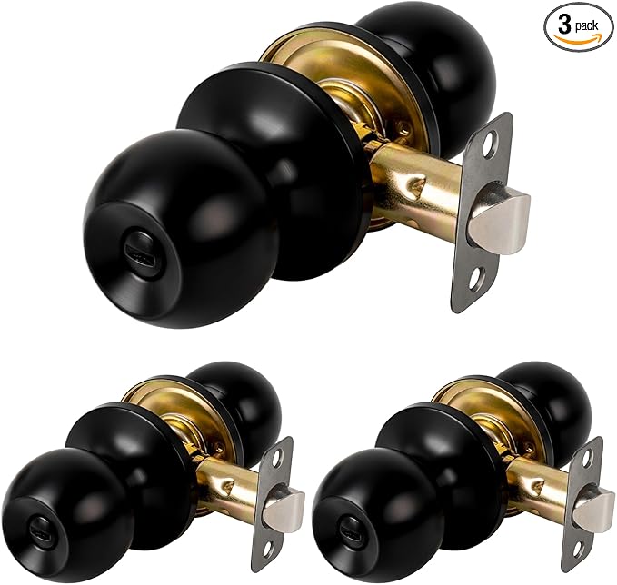 Privacy Door Knob Keyless Door Knobs Interior with Lock Bathroom Door Knob with Lock Matte Black Doorknob, 3 Pack