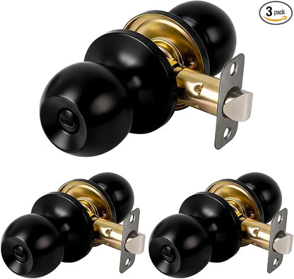 Privacy Door Knob Keyless Door Knobs Interior with Lock Bathroom Door Knob with Lock Matte Black Doorknob, 3 Pack