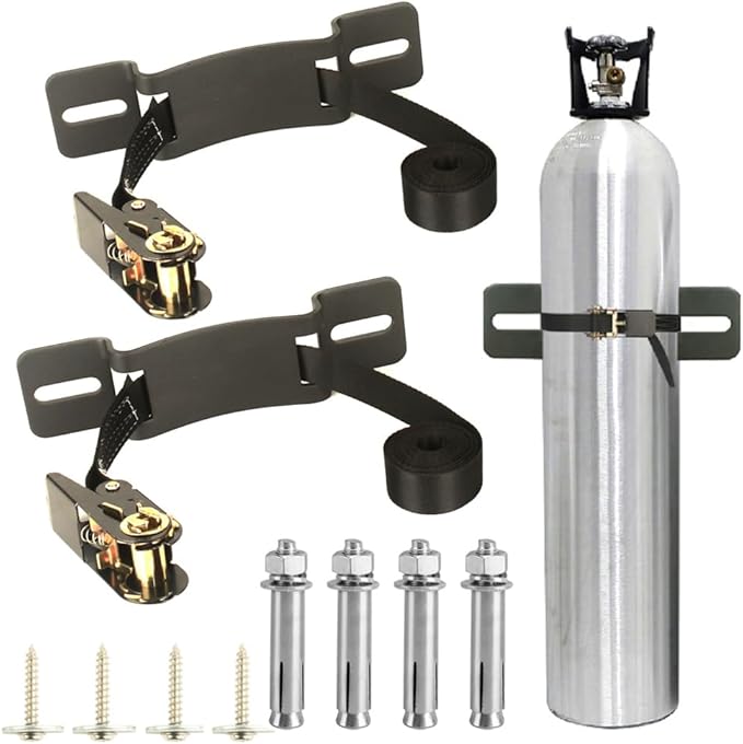 2PCS Propane Tank Holder，Oxygen Tank Holder，Nitrogen Gas Cylinder Holder, with 6.6ft Ratchet Strap and Screws Suitable for rv Propane Tank Holder，Cylinder Wall Mounted Bracket (Black)