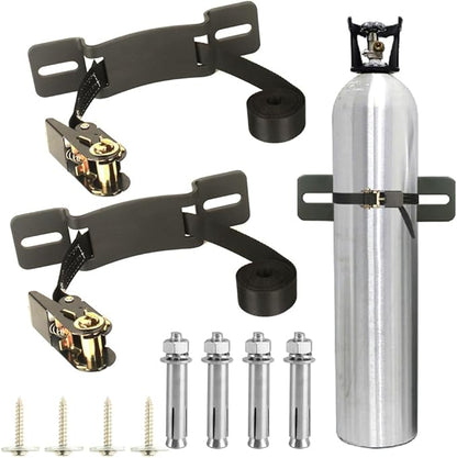 2PCS Propane Tank Holder，Oxygen Tank Holder，Nitrogen Gas Cylinder Holder, with 6.6ft Ratchet Strap and Screws Suitable for rv Propane Tank Holder，Cylinder Wall Mounted Bracket (Black)