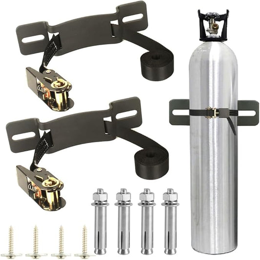 2PCS Propane Tank Holder，Oxygen Tank Holder，Nitrogen Gas Cylinder Holder, with 6.6ft Ratchet Strap and Screws Suitable for rv Propane Tank Holder，Cylinder Wall Mounted Bracket (Black)