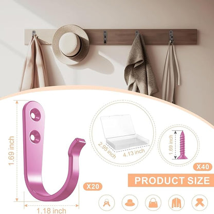 20PCS Pink Heavy Duty Single Prong Metal Wall Hooks for Coats, Towels, Backpacks, Hats, Dog Leashes (20 Hooks + 40 Screws)