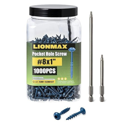 LIONMAX 1 Inch Pocket Hole Screws, 1000 PCS Exterior Screws #8 x 1, Coarse Thread, Square Drive, Blue Coated Weather Resistant, 150MM Drive Bit Included