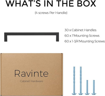 Ravinte 30 Pack Matte Black Square Drawer Handles 6-1/4 inch Center to Center