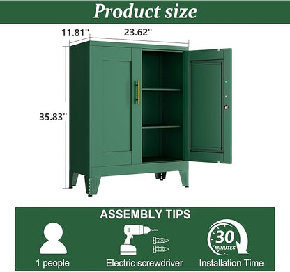 Green Metal Storage Cabinet, 36" Tall Locking Storage Cabinet with 2 Adjustable Shelves, Steel Locker Organizer, for Office, Home, School, 11.81" D x 23.62" W x 35.83" H