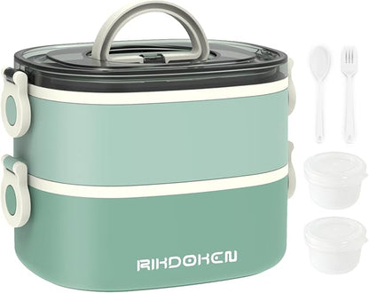 Lunch Box, Stackable 2 Layers Containers, Portable 64OZ Large Capacity Leakproof Bento Box with Spoon & Fork & Sauce Boxes, Microwave Safe Lunch Box for Kids and Adults