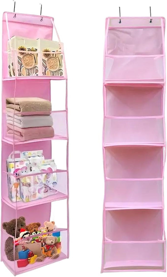 Bibabala Over The Door Organizer Storage,4 Shelf Swing-Proof Behind Door Organizers with Metal Hooks,Closet Hanging Organizer with 4 Large Clear Pocket for Bedroom,Bathroom,Pantry(Pink)