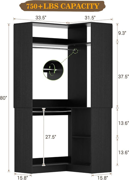 Aheaplus Corner Closet System with Shelves, Closet Organizer System with Hanging Rods, Wood Walk-in Closets for Corner Small Space, L Shaped Garment Rack, -B3, Black