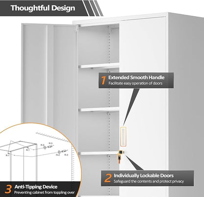VINGLI Metal Garage Storage Cabinet with 2 Doors and 5 Adjustable Shelves, 71" Tall Steel Lockable File Cabinet, Locking Tool Cabinets for Home Office Garage Gym School (White)