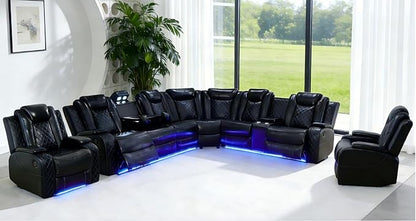 Power Sectional Sofa with LED, Power Recliner Sofa Couch Set for Living Room, Black Breathing Leather Sectional Couch, Loveseat and 2 Chair Sets with USB, Cup Holders, Storage for Home/Office