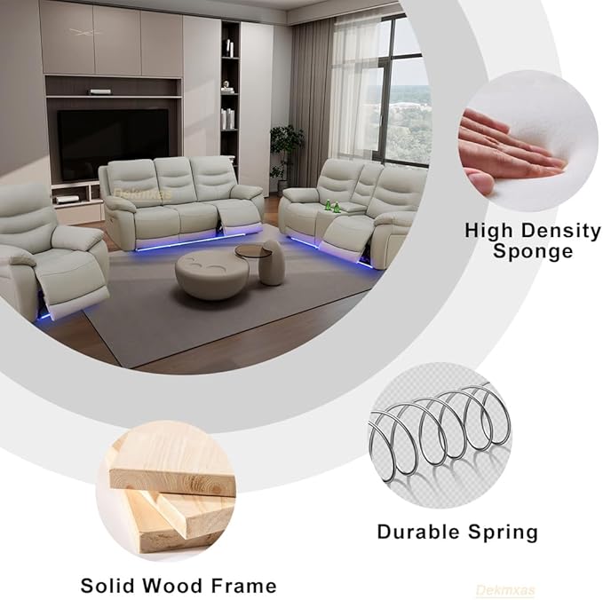 Living Room Furniture Set,3PCS Power Recliner Sofa Light Grey Breathing Leather Sofa Loveseat and Chair with 5 Recliner Seats/Storage Console/Cup Holder/LED Light/USB Port for Apartment,Office