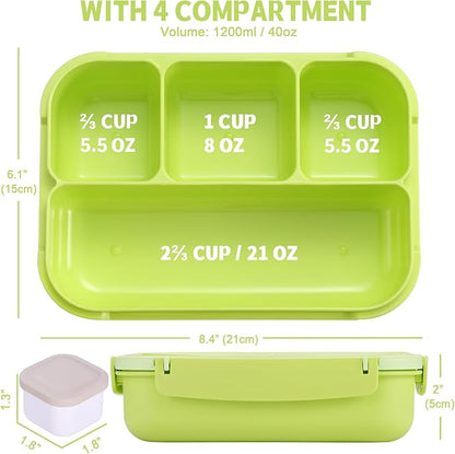 Bento Box Adult Lunch Box, Lunch Containers for Kids Girls Boys with 4 Compartments, Lunchable Food Container with Utensils, Sauce Jar, Muffin Liners, 40 Oz/5 Cup, Bright Green