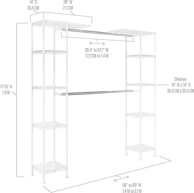 Seville Classics Closet Garment Organizer with Metal Hanging Rod Wardrobe Storage System, w/ Steel Shelves for Clothes, Shirts, Jackets, Coats, Blankets, Shoes, White, Expandable Rack