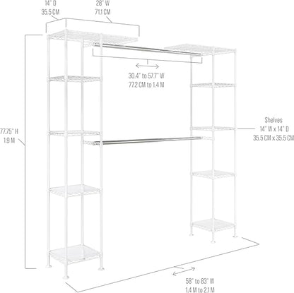 Seville Classics Closet Garment Organizer with Metal Hanging Rod Wardrobe Storage System, w/ Steel Shelves for Clothes, Shirts, Jackets, Coats, Blankets, Shoes, White, Expandable Rack
