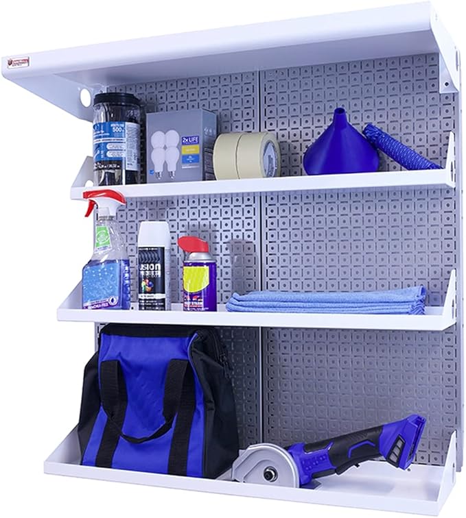OmniWall Metal Pegboard Shelving Organization System Shelving Kit 32" x 32" Modular Pegboard- Panel Color: Silver Accessory Color: White