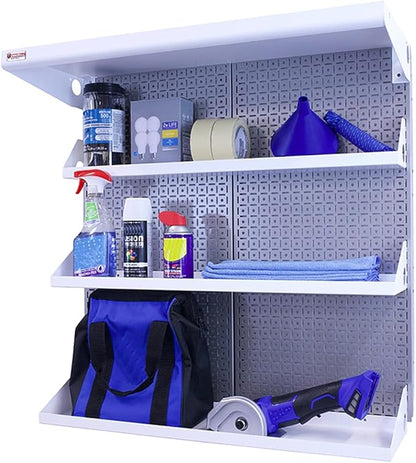 OmniWall Metal Pegboard Shelving Organization System Shelving Kit 32" x 32" Modular Pegboard- Panel Color: Silver Accessory Color: White