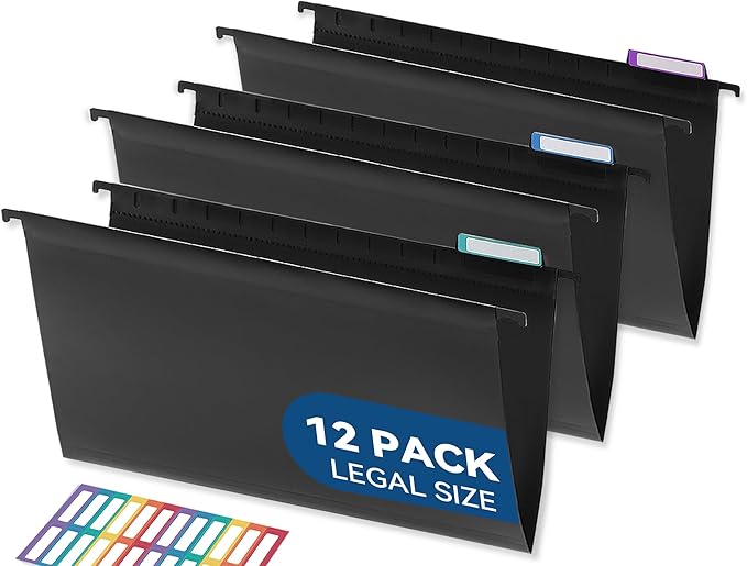 Plastic Legal Size Hanging File Folders, 12 Pack Black Hanging Folders, with Insertable 1/5-Cut Tabs for Filing Cabinets