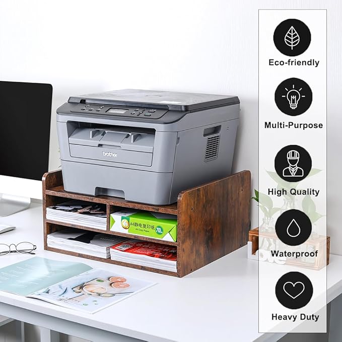 PAG 3 Tier Desktop Printer Stand with Storage, Paper Storage Holder Rack for Desk, Wooden Printer Organization for Home/Office, Antique Brown